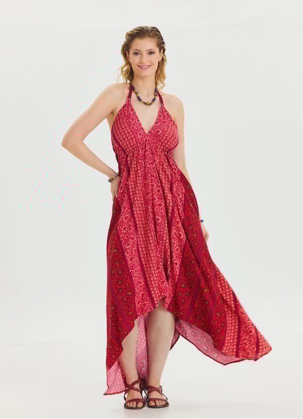 V Neck Backless Halter Neck Coral Floral Dress 4655